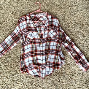 Fall (orange, yellow, red) flannel. Size Large